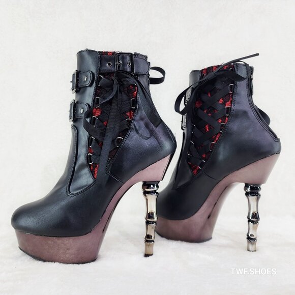Muerto 1033 Red Lace Panel Finger Bone High Heel Platform Ankle Boots Demonia - Picture 1 of 12